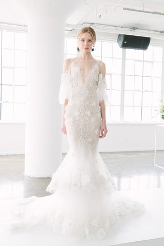 V-Neck, Off-the-Shoulder Gown by Marchesa Bridal marchesa-bridal-spring-summer-2018-tiered-trumpet-v-neck-off-the-shoulder-sleeves-floral-appliques