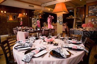Pink and Black Bridal Shower Space round-tables-with-pink-linens-with-black-accents