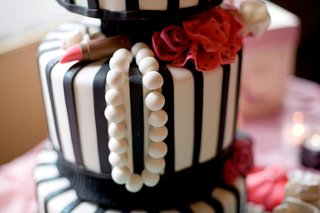Black and White Cake with Fashion Details black-and-white-striped-cake-with-pearls-and-lipstick