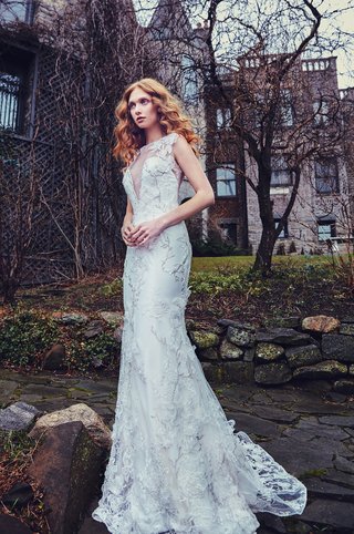 "Carnegie" by Sareh Nouri carnegie-sareh-nouri-spring-2018-3d-lace-metallic-embroidery-trumpet-gown-plunging-illusion-neckline