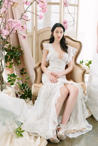Deep V-Neck Gown with High Slit by Marchesa Notte Bridal marchesa-notte-bridal-spring-summer-2018-gown-deep-v-neck-flowy-capped-sleeves-high-slit-lace