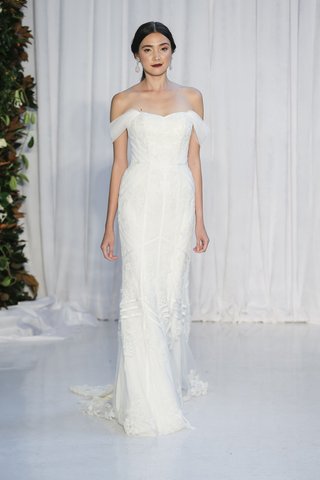 Ophelia by Anne Barge anne-barge-fall-2018-strapless-trumpet-gown-alencon-lace-geometric-bands-of-taffeta-draped-sleeves