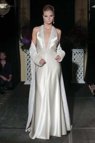 Isabelle Armstrong Fall 2016 Halter Dress isabelle-armstrong-fall-2016-deep-v-neck-halter-champagne-wedding-dress