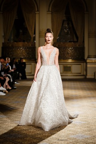 Deep V-Neckline Gown with Full Skirt by Berta berta-spring-summer-2018-gown-deep-v-neckline-full-a-line-skirt-heavy-embellishments