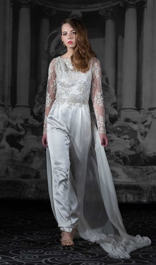 "Lea" by Sarah Jassir 2016 sarah-jassir-la-dolce-vita-2016-wedding-jumpsuit-with-long-lace-sleeves-silk-pants-and-train