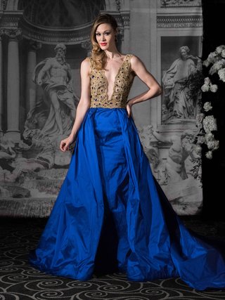 "Maddalena" by Sarah Jassir 2016 sarah-jassir-la-dolce-vita-2016-deep-v-neck-gold-and-blue-ball-gown-wedding-dress