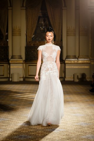 Illusion Gown with High Collar Neckline, Capped Sleeves by Berta berta-spring-summer-2018-illusion-lace-high-collar-neckline-capped-sleeves-tulle-embellished-skirt