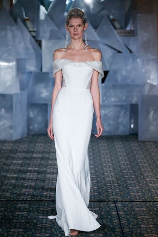 "Luna" by Mira Zwillinger mira-zwillinger-spring-2019-wedding-dress-luna-off-shoulder-crepe-sheath-gown-crystal-trim-organza