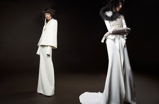 "Edythe" & "Florence" by Vera Wang vera-wang-spring-2018-edythe-crepe-off-the-shoulder-cutaway-gown-peplum-florence-bodysuit-flower
