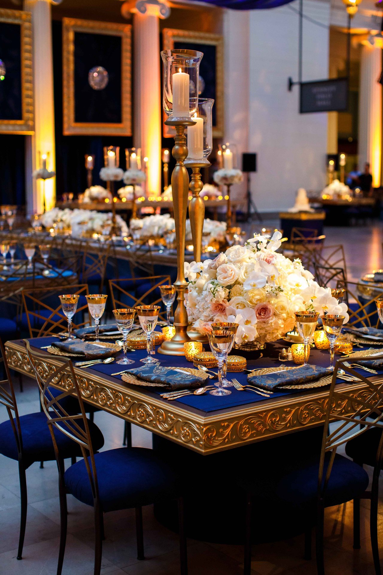 Blue and Gold Tablescapes with Tall Candles