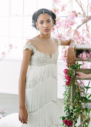 Layered Fringe Gown, Illusion Neckline by Marchesa Notte Bridal marchesa-notte-bridal-spring-summer-2018-layers-fringe-flapper-beading-illusion-embellished-sleeves