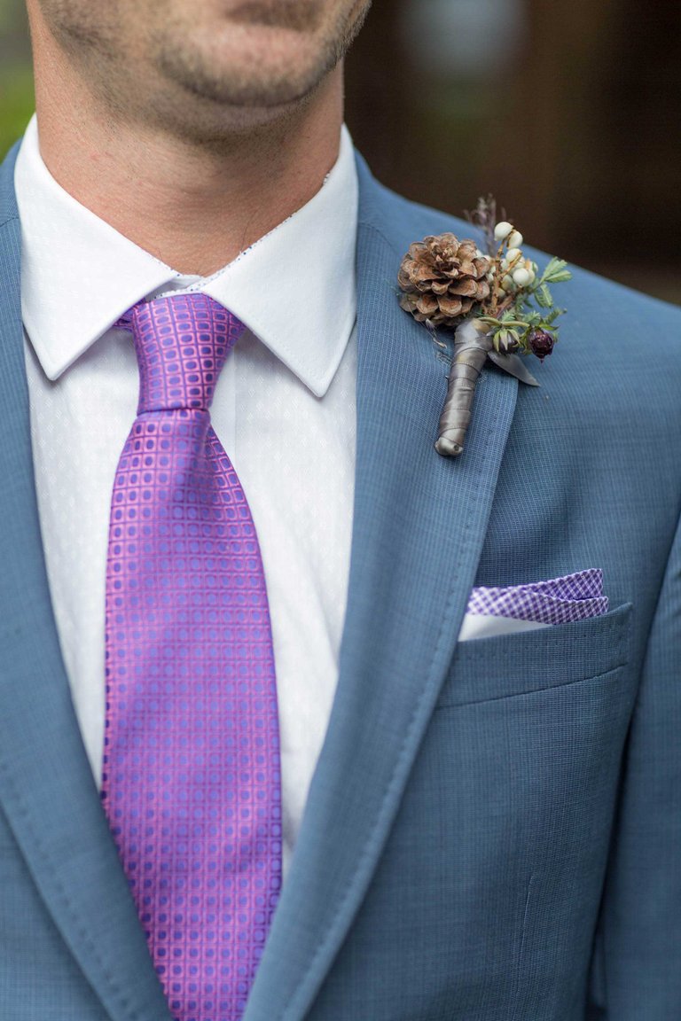 Blue Suit, Purple Tie, Rustic Boutonniere