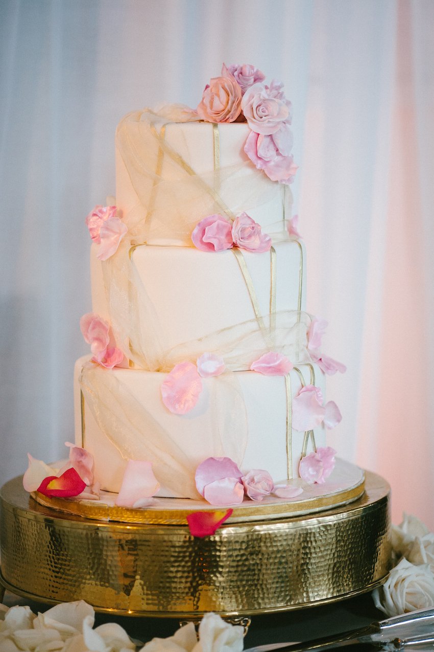Gold Ribbon and Pink Flower Cake