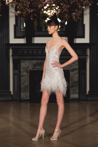 "Hailey" by Ines Di Santo ines-di-santo-spring-2019-bridal-collection-wedding-dress-hailey-mini-dress-ostrich-feather-skirt