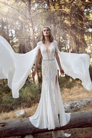 Sheath Gown with Slit and Capped Sleeves by GALA by Galia Lahav a-sheath-gown-with-intricate-designs-a-thin-belt-a-skirt-slit-a-plunging-neckline-and-capped-sle