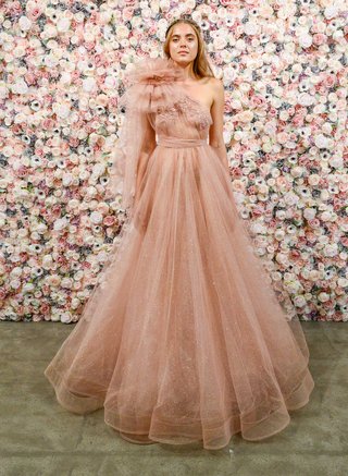 Michael Costello S/S 2018 Look 11 michael-costello-spring-summer-2018-bridal-couture-collection-rust-ball-gown-with-tulle-shoulder