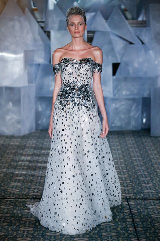 "Lenny" by Mira Zwillinger mira-zwillinger-spring-2019-wedding-dress-lenny-off-shoulder-bridal-gown-mirror-sequins-silver