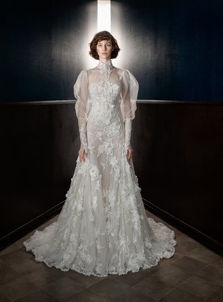"Laura" by Galia Lahav galia-lahav-spring-2018-3-d-lace-strapless-sheer-tulle-embroidered-flowers-blouse-high-neck-cuffs