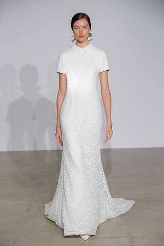 Look 1 by Justin Alexander justin-alexander-fall-2018-crepe-short-sleeve-collared-bodice-with-lace-skirt