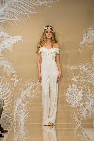 "Collette" by THEIA theia-fall-2017-collette-ivory-crepe-off-the-shoulder-strapless-sweetheart-jumpsuit-wedding-dress