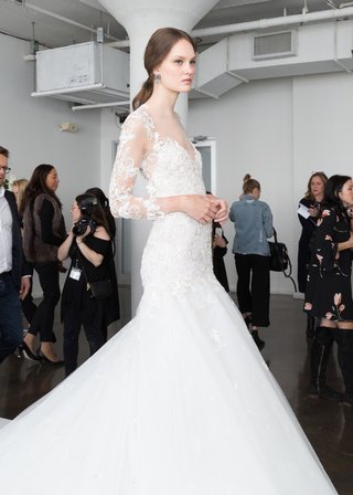 Long-Sleeve, Fit-and-Flare Gown by Marchesa Bridal marchesa-bridal-spring-summer-2018-fit-and-flare-gown-long-illusion-sleeves-lace-details-tulle-skirt