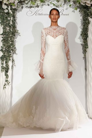 "Siena" by Katerina Bocci katerina-bocci-2017-bridal-collection-siena-lace-mermaid-wedding-dress-long-sheer-bell-sleeves-lace