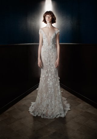 "Lia" by Galia Lahav galia-lahav-spring-2018-sheer-3-d-lace-gown-fish-net-plunging-v-neck-victorian-sleeves-silver-thread