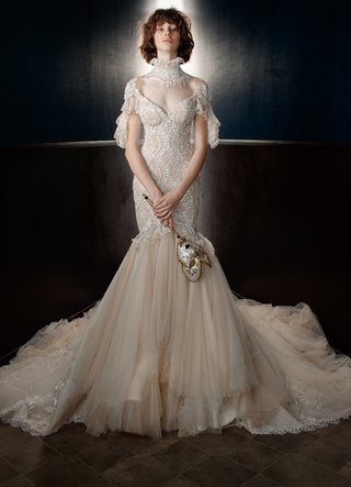 "Ms. Genesis" by Galia Lahav galia-lahav-spring-2018-fit-and-flare-vintage-lace-off-the-shoulder-sleeves-pearls-sequins-train