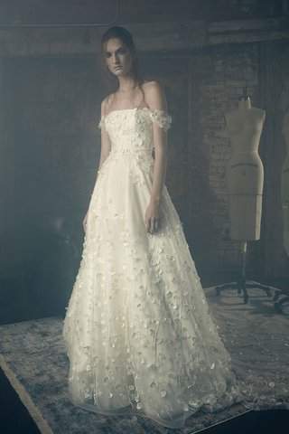 "Emily" by Sareh Nouri sareh-nouri-fall-2018-wedding-dress-emily-bridal-gown-off-shoulder-flower-embroidery-applique