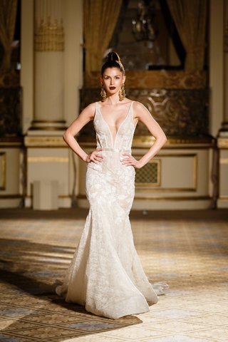 Lace Fit-and-Flare Gown, Deep-V Design by Berta berta-spring-summer-2018-fitted-lace-fit-and-flare-gown-deep-v-neckline-satin-bow-illusion-details