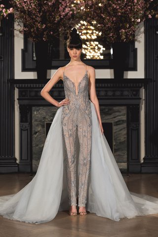 "Lake" by Ines Di Santo ines-di-santo-spring-2019-bridal-collection-wedding-dress-lake-jumpsuit-grey-with-long-train-blue