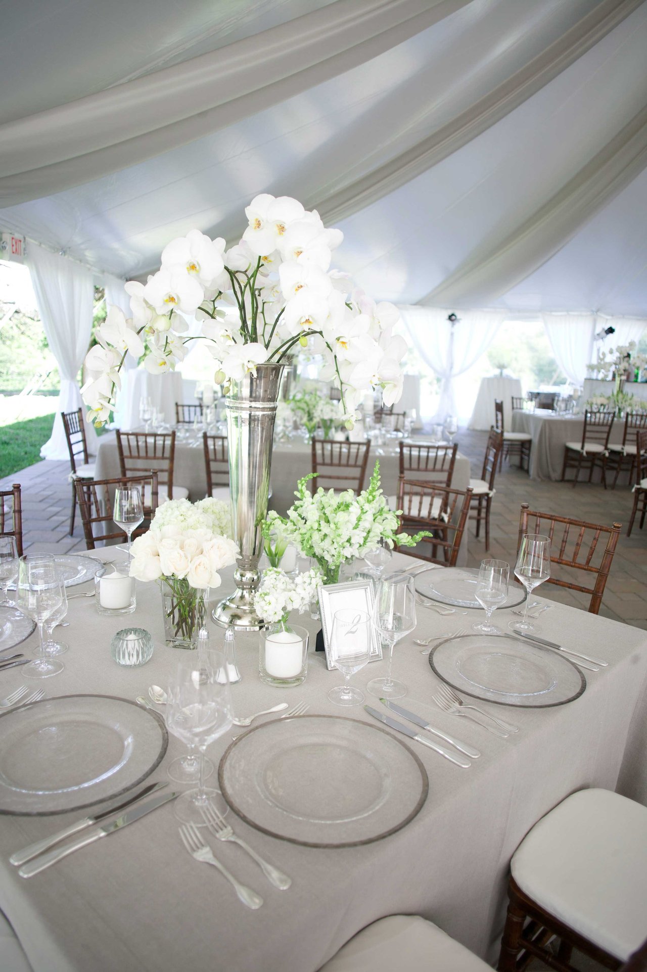 Table with White Flower Centerpieces and Glass Plates