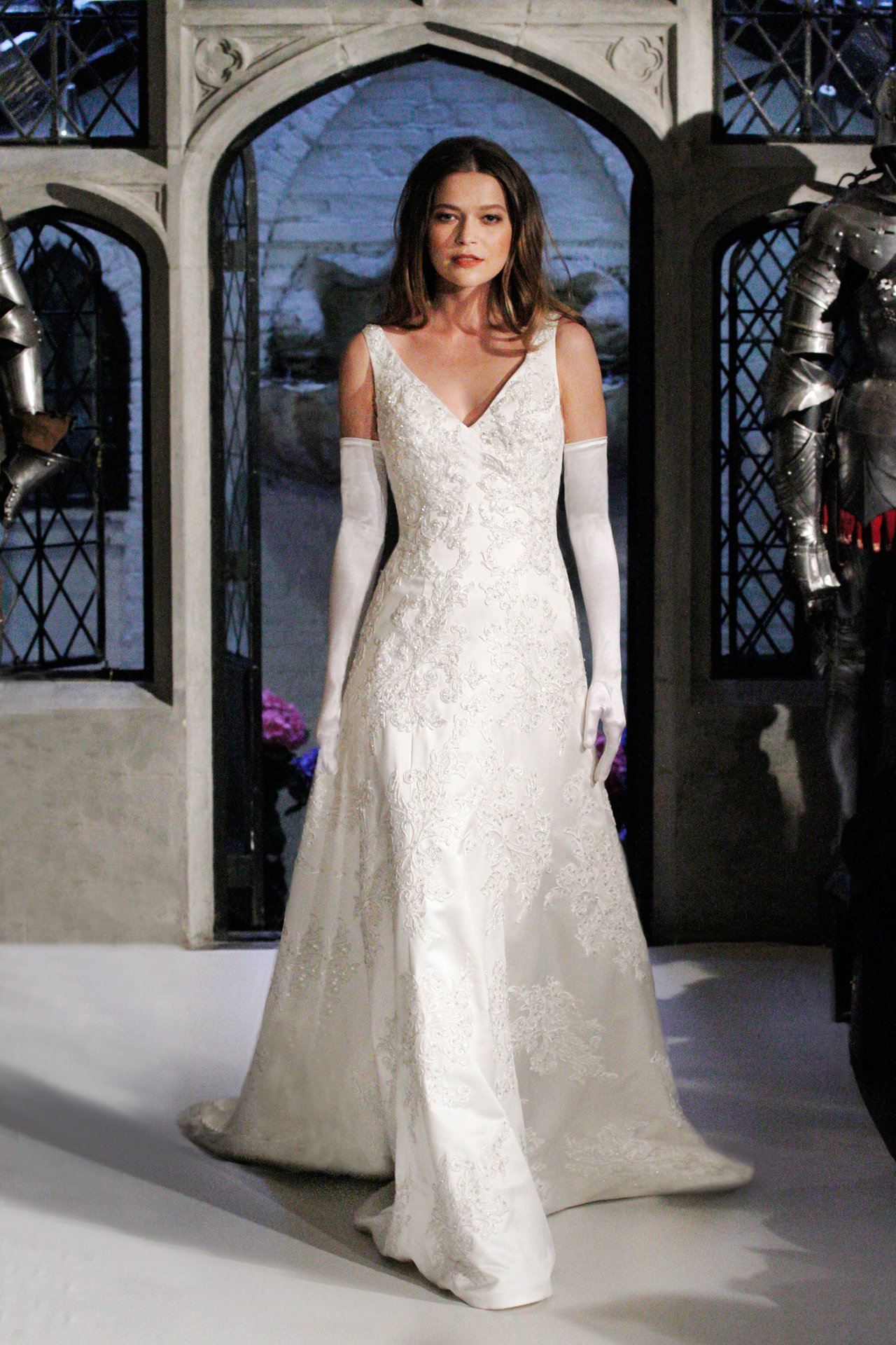 V-Neck Lace Gown by Oleg Cassini