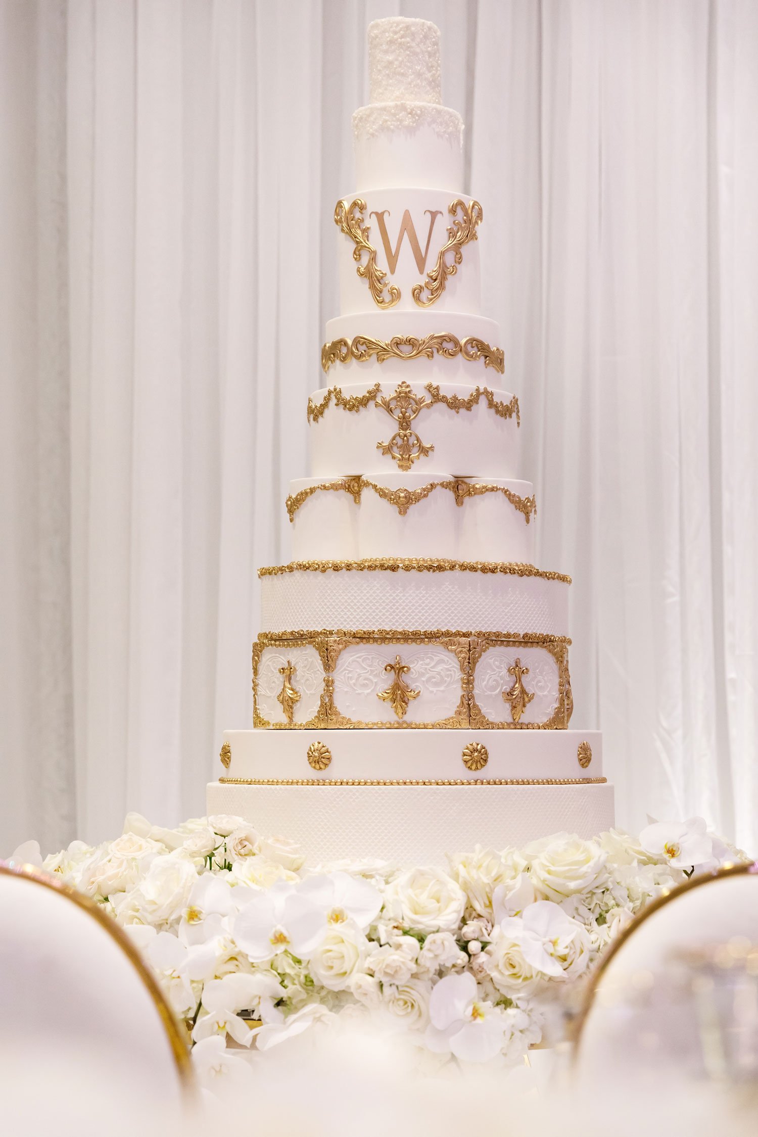 Opulent White And Gold Monogram Cake