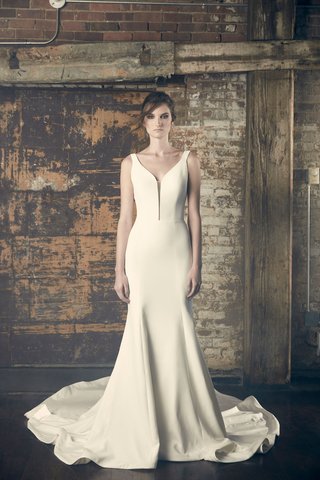 "Eve" by Sareh Nouri sareh-nouri-fall-2018-wedding-dress-eve-trumpet-gown-fit-flare-slight-deep-plunging-neckline-v-neck