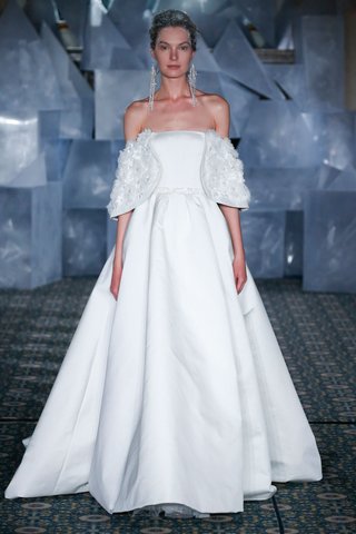 "Oliana" by Mira Zwillinger mira-zwillinger-spring-2019-wedding-dress-oliana-strapless-silk-ball-gown-cape-off-shoulder