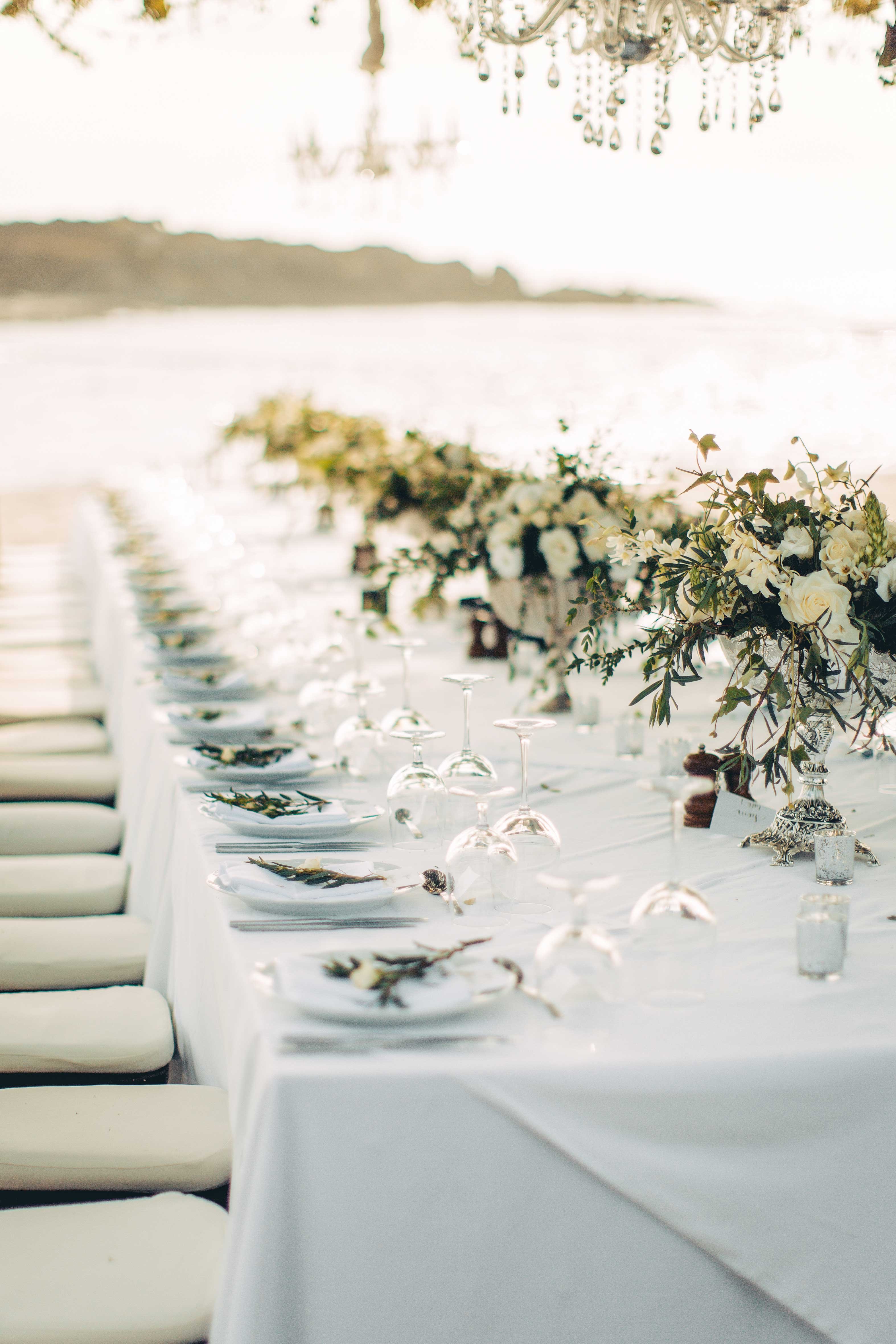 White Tablescape, Greenery on Beach