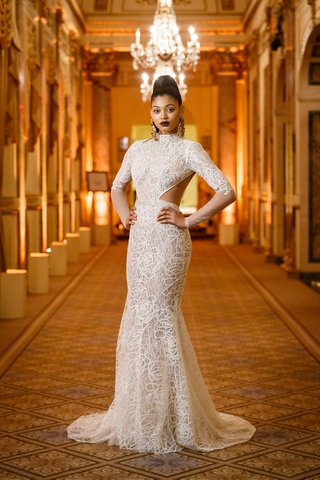 High-Neck Gown with Cut-Outs and Long Sleeves by Berta berta-spring-summer-2018-high-collar-necked-gown-large-side-cut-outs-long-sleeves-fitted-skirt-flare