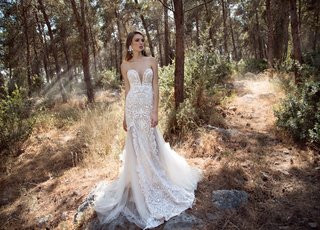 Strapless Gown, Tulle Additions on Skirt by GALA by Galia Lahav a-strapless-gown-with-a-plunging-neckline-lace-and-patterned-fabrics-and-tulle-additions-on-either