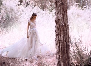 Tulle A-Line Dress with Train by GALA by Galia Lahav a-tulle-a-line-gown-featuring-a-sweetheart-neckline-floral-details-off-the-shoulder-sleeves-and-a
