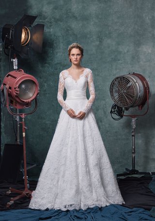 "Scarlet" by Sareh Nouri sareh-nouri-fall-2019-bridal-collection-wedding-dress-scarlet-lace-v-neck-long-sleeve-a-line