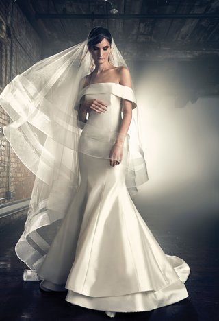 "Estee" by Sareh Nouri sareh-nouri-fall-2018-wedding-dress-estee-tuxedo-fold-over-off-shoulder-neckline-trumpet-gown-silk