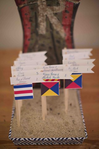 Nautical Flag Escort Cards seating-cards-in-sand-box-on-top-of-nautical-boat-flags