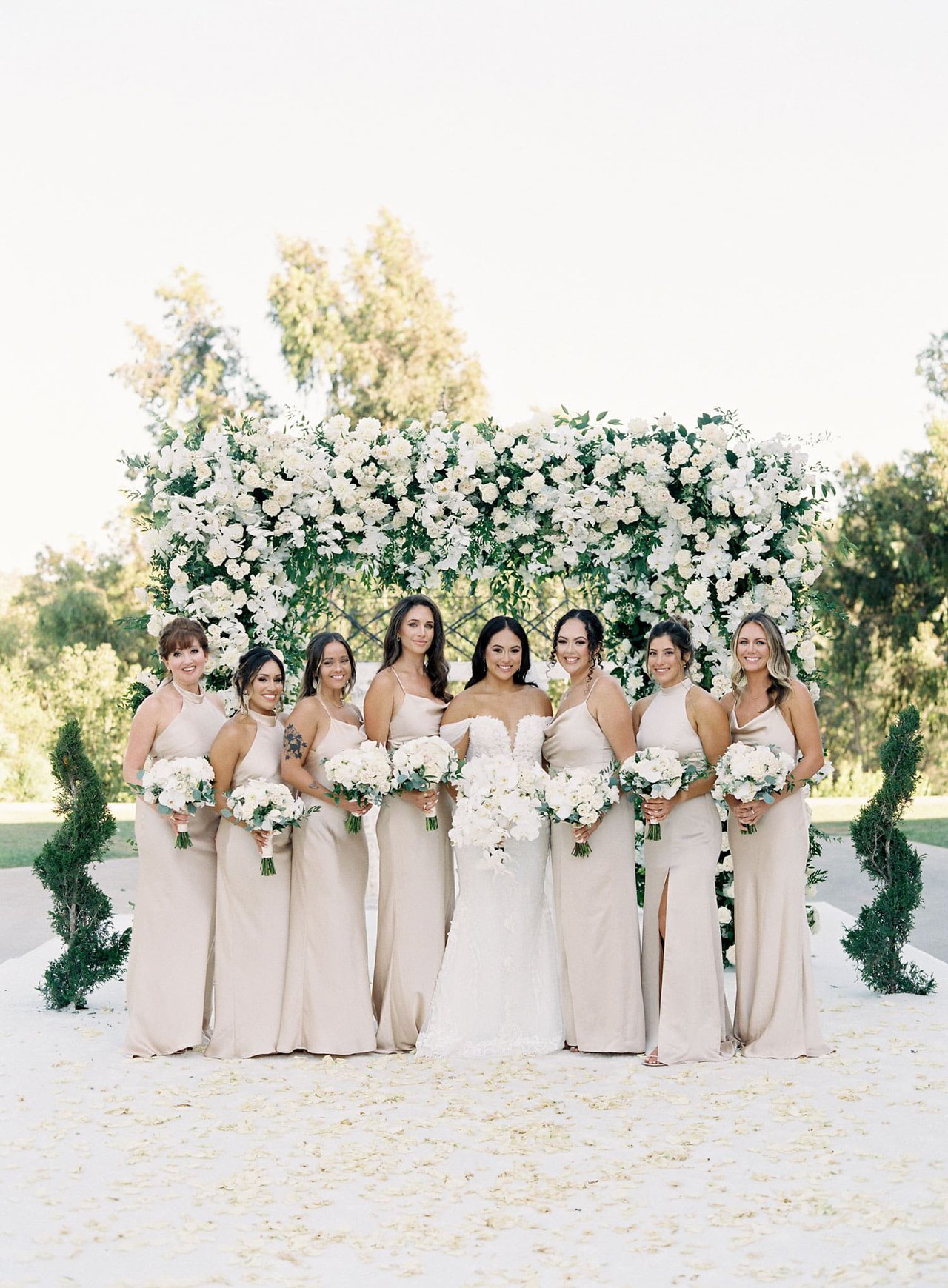 bride with champagne bridesmaid dresses Bridesmaids in hugging fit that beautifully Color:French Blue mismatched champagne bridesmaid dresses mubycecile Isabella Turtleneck Mini Dress