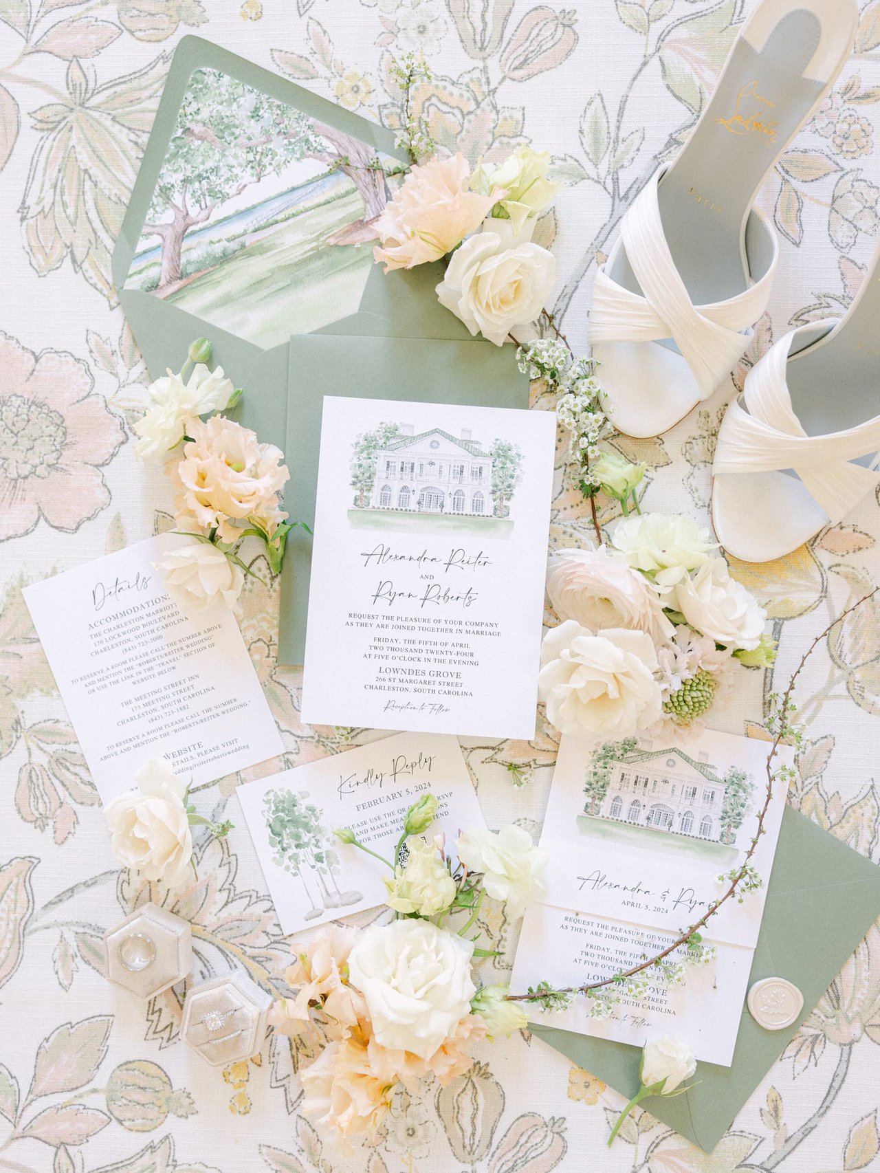 Sage Green Invitation Suite with Venue Illustration