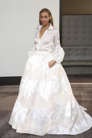 Look 10 by Gracy Accad gracy-accad-fall-2018-cream-silk-organza-blouse-with-dropped-balloon-sleeves-and-full-floral-skirt