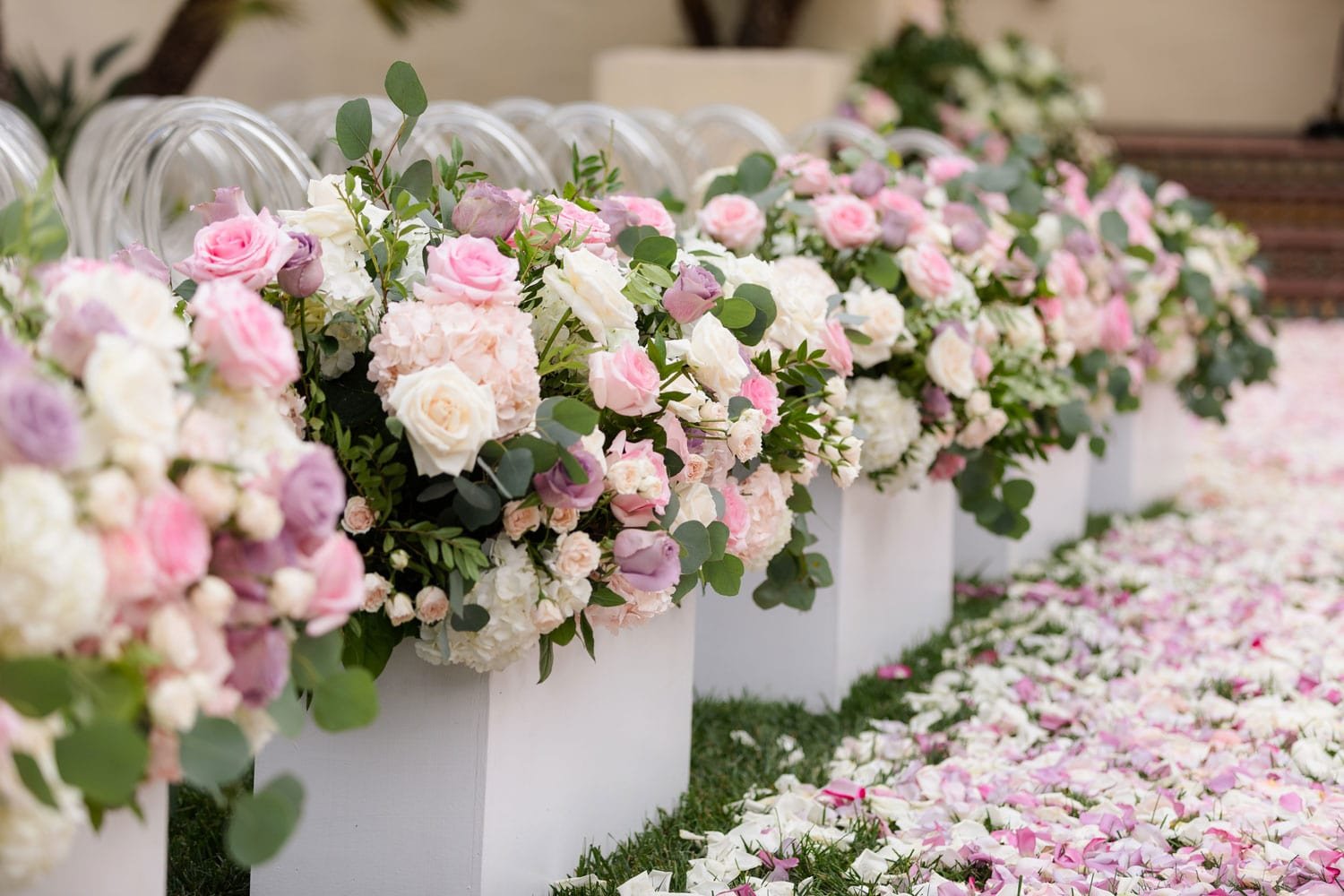 Flower Boxes Along Wedding Aisle