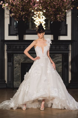 "Claire" by Ines Di Santo ines-di-santo-spring-2019-bridal-collection-wedding-dress-claire-one-shoulder-high-low-ball-skirt