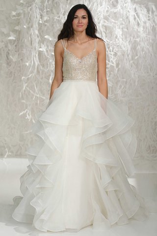 "Kennedy" by Wtoo Brides wtoo-brides-2016-gold-beaded-v-neck-bodice-with-spaghetti-straps-and-layered-organza-ball-gown-skirt