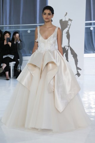 "Reem" by Peter Langner reem-by-peter-langner-spring-2018-blush-ball-gown-in-mikado-tulle-deep-neckline-embroidered-lace